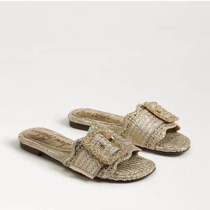 NEW SAM EDELMAN women's bambi slide sandal in gold raffia soft silver